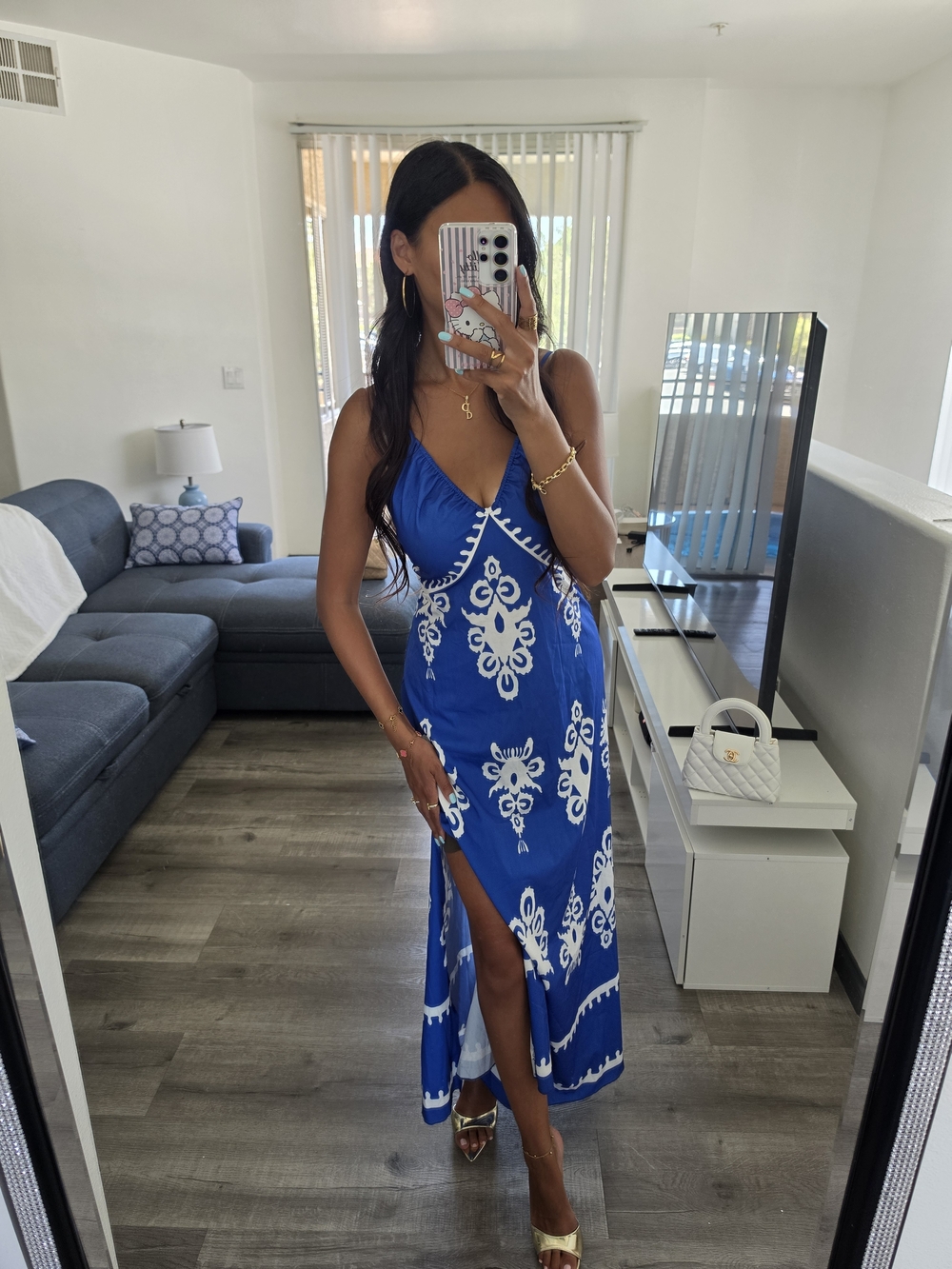 Royal Blue Printed Maxi Dress with Side Slit